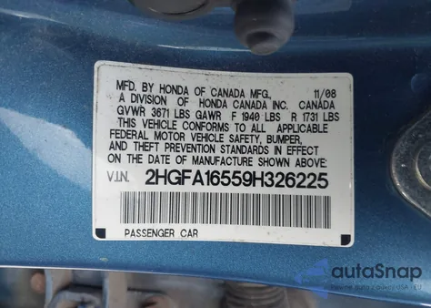 2009 Honda Civic Lx из США, поврежденный, VIN 2HGFA16559H326225